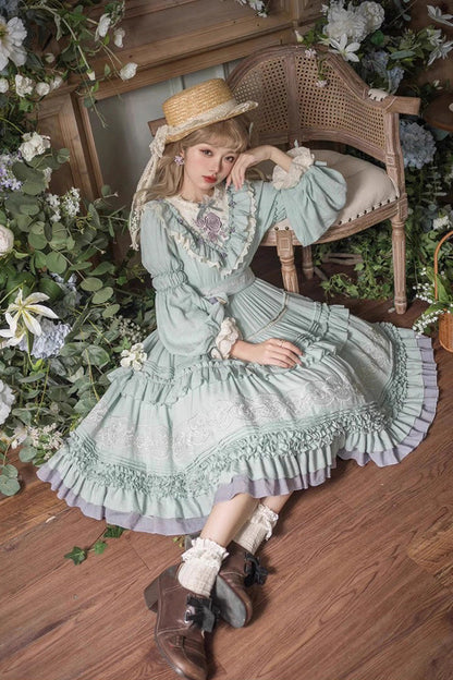 Lolita Dress - Ruffle Embroidery Bowknot Plus, Green, Plus Size, Embroidered, Long Sleeves - additional product view 4
