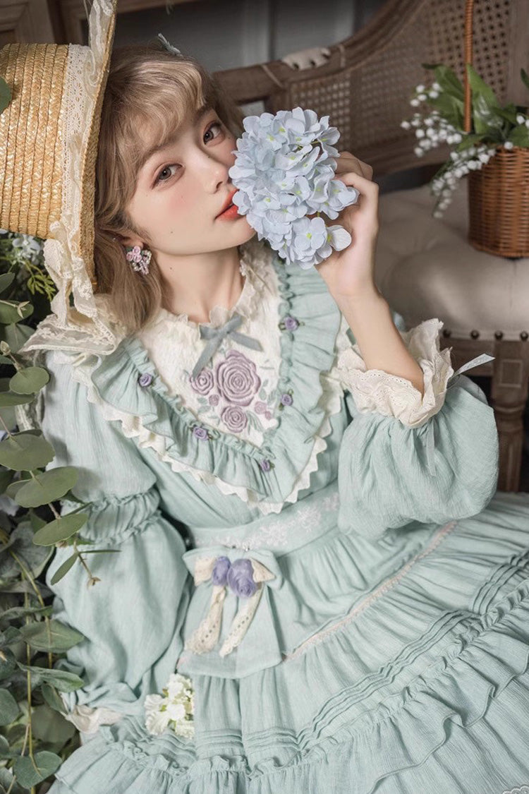 Lolita Dress - Ruffle Embroidery Bowknot Plus, Green, Plus Size, Embroidered, Long Sleeves - additional product view 5