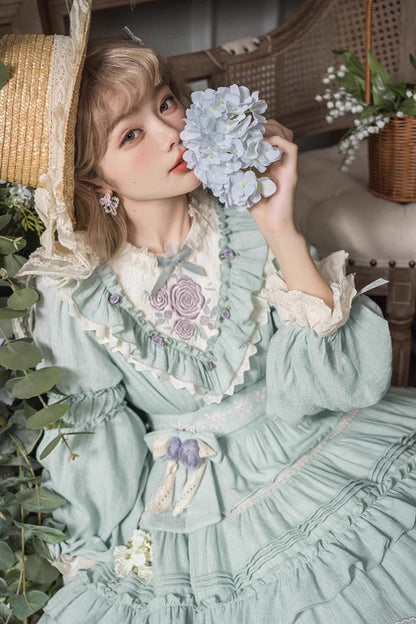 Lolita Dress - Ruffle Embroidery Bowknot Plus, Green, Plus Size, Embroidered, Long Sleeves - additional product view 5