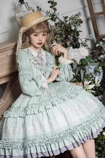 Lolita Dress - Ruffle Embroidery Bowknot Plus, Green, Plus Size, Embroidered, Long Sleeves - additional product view 6
