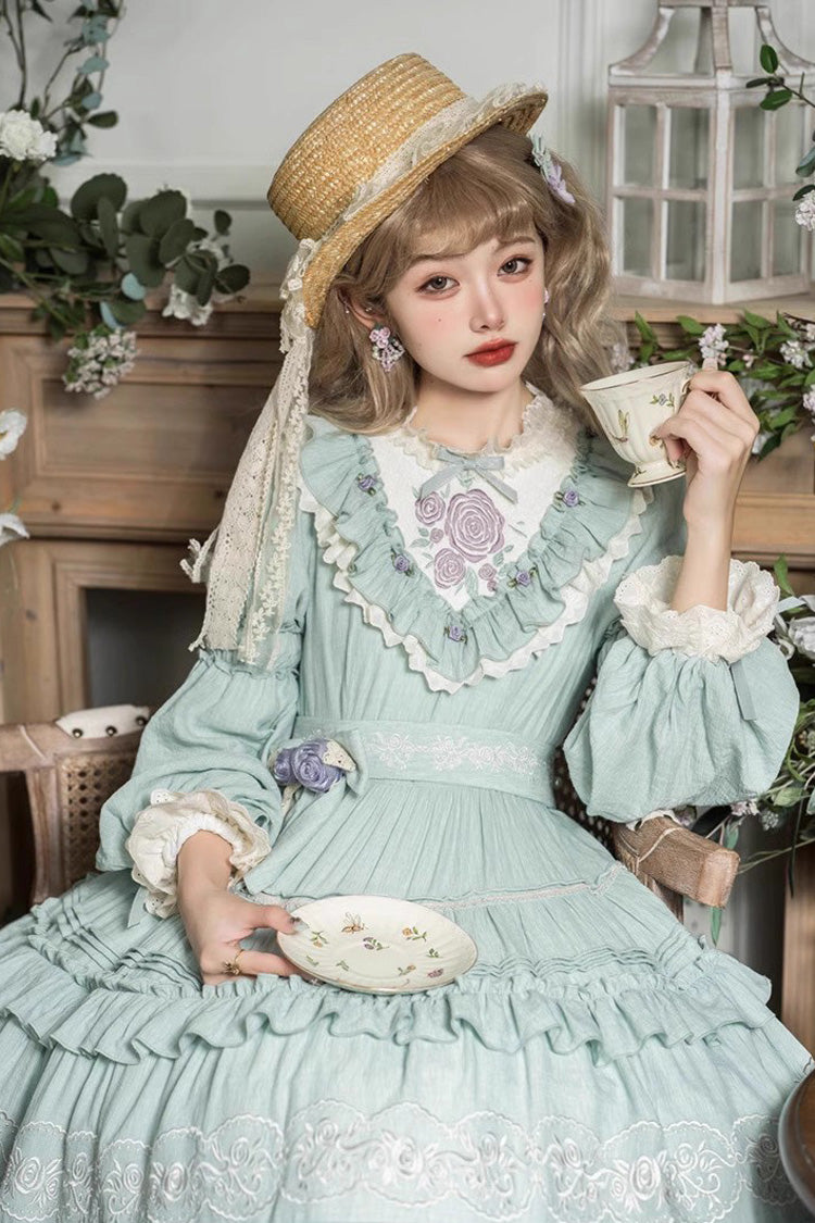 Lolita Dress - Ruffle Embroidery Bowknot Plus, Green, Plus Size, Embroidered, Long Sleeves - additional product view 7