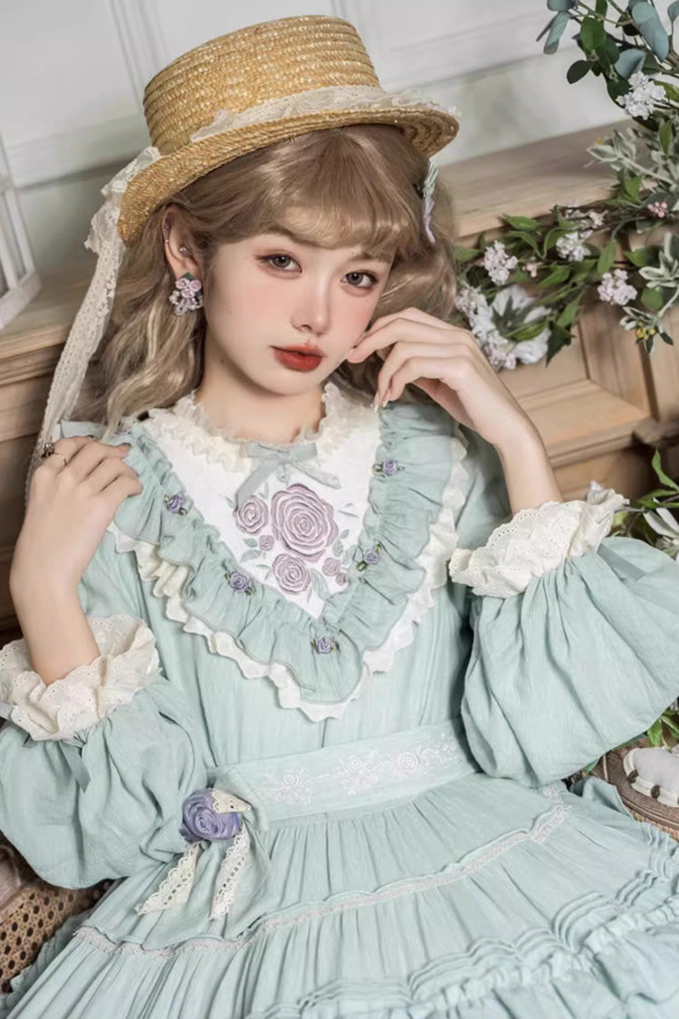 Lolita Dress - Ruffle Embroidery Bowknot Plus, Green, Plus Size, Embroidered, Long Sleeves - additional product view 8