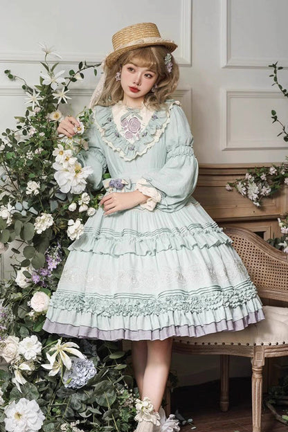 Lolita Dress - Ruffle Embroidery Bowknot Plus, Green, Plus Size, Embroidered, Long Sleeves - main product image