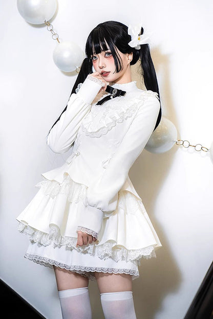 Lolita Dress - Ruffle Lace-up Handsome, White, Long Sleeves, Sweet Style, Lace Trim - main product image