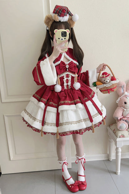 Lolita Dress - Snow Rabbit, Red, Bow Detail, Ruffled, Long Sleeves - main product image