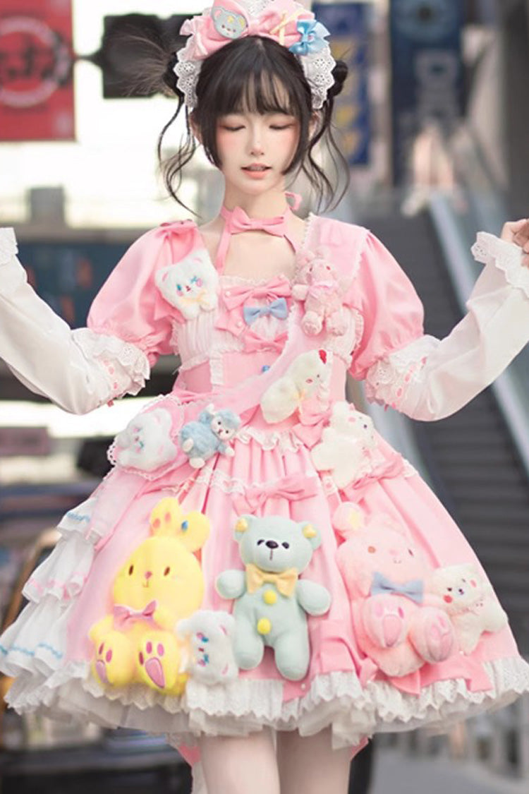 Lolita Dress - Square Collar Print Doll Party, Pink, Square Collar, Detachable Detail - additional product view 2