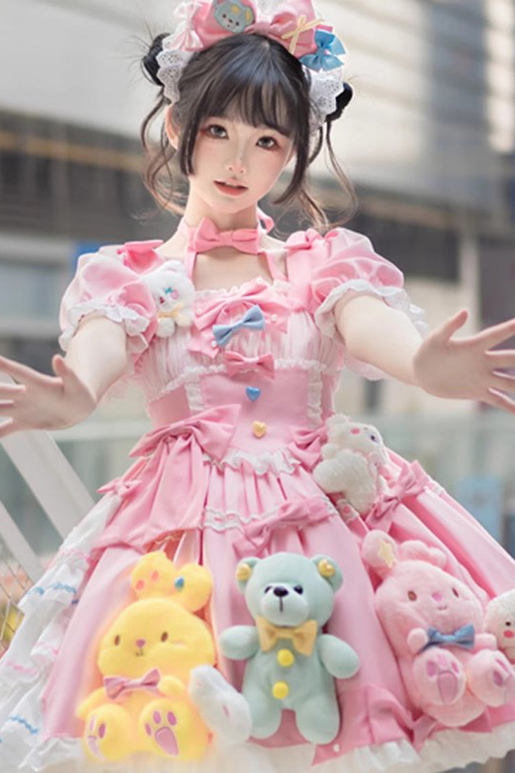 Lolita Dress - Square Collar Print Doll Party, Pink, Square Collar, Detachable Detail - additional product view 3