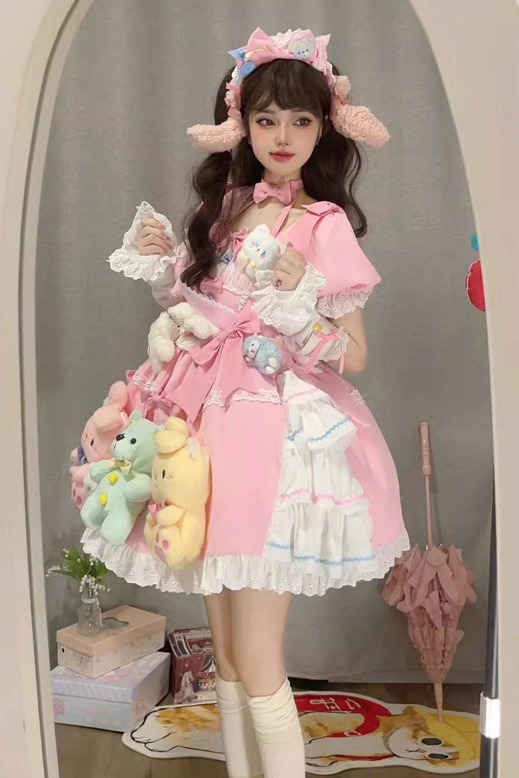Lolita Dress - Square Collar Print Doll Party, Pink, Square Collar, Detachable Detail - additional product view 4
