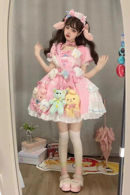 Lolita Dress - Square Collar Print Doll Party, Pink, Square Collar, Detachable Detail - additional product view 5