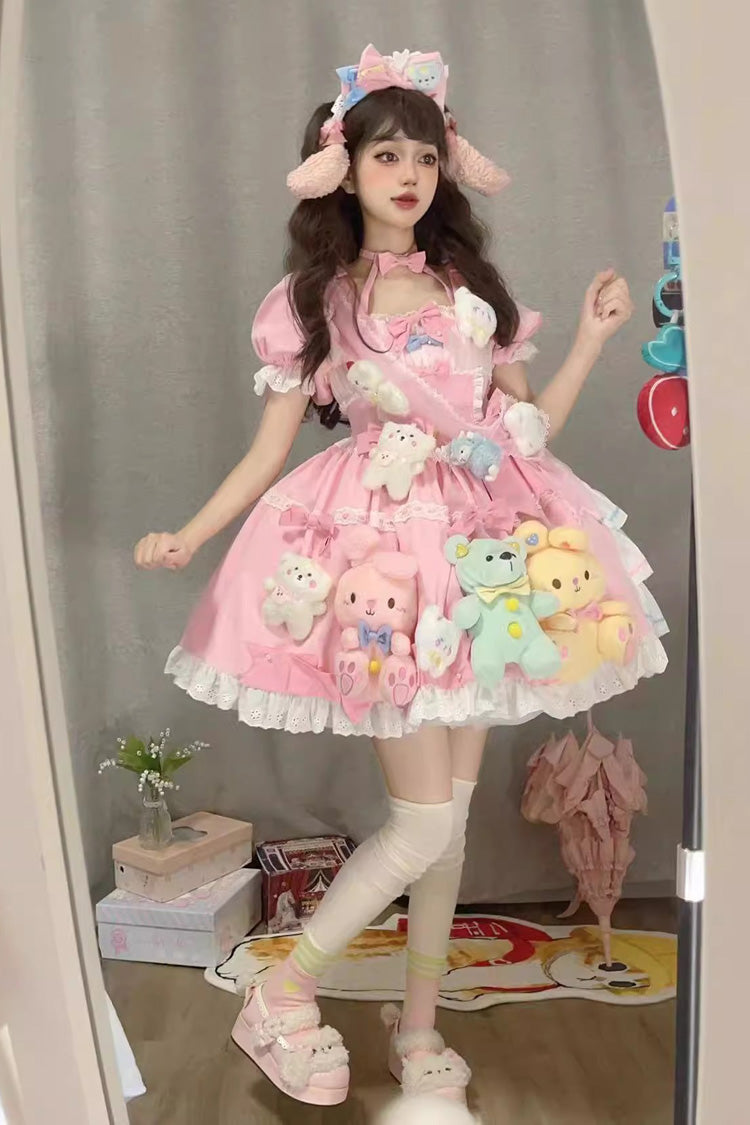 Lolita Dress - Square Collar Print Doll Party, Pink, Square Collar, Detachable Detail - additional product view 6