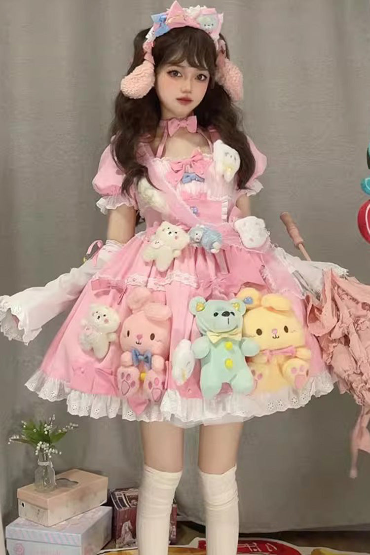 Lolita Dress - Square Collar Print Doll Party, Pink, Square Collar, Detachable Detail - additional product view 7