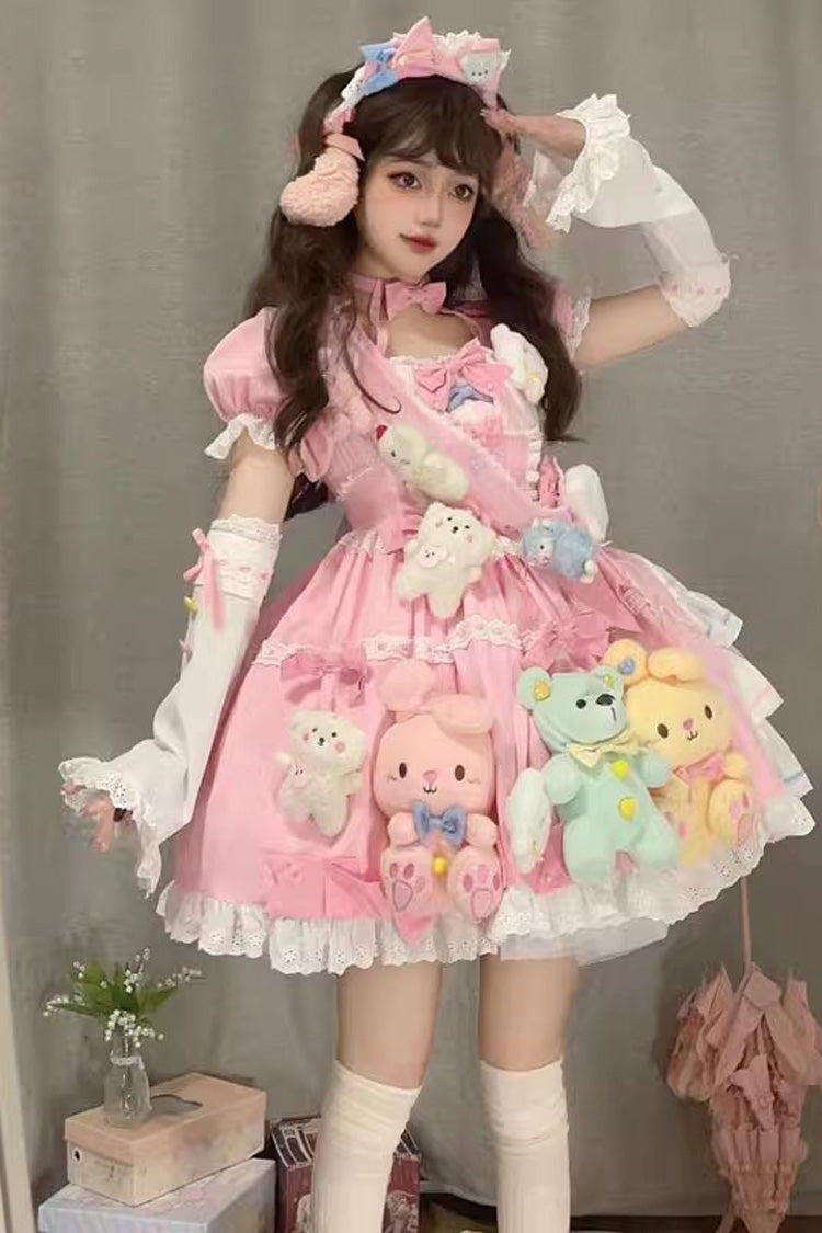 Lolita Dress - Square Collar Print Doll Party, Pink, Square Collar, Detachable Detail - additional product view 8
