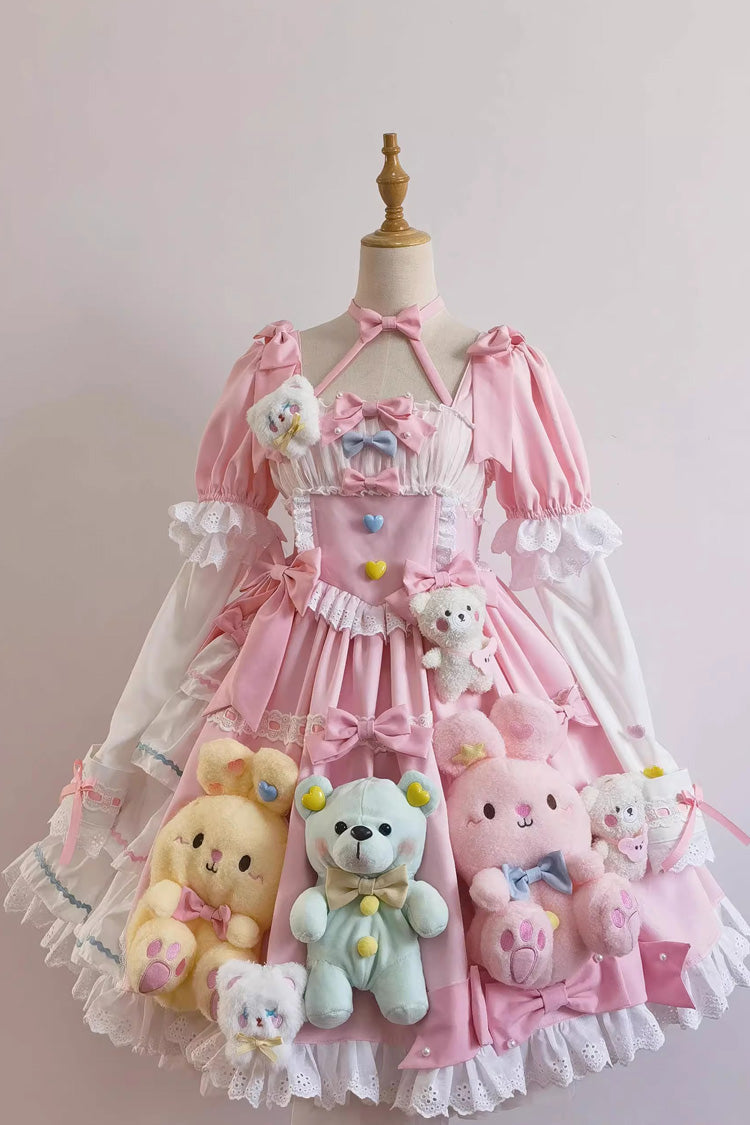 Lolita Dress - Square Collar Print Doll Party, Pink, Square Collar, Detachable Detail - main product image