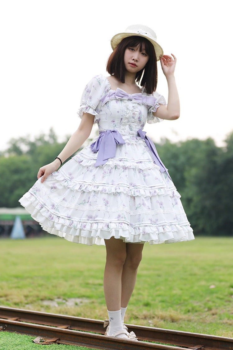 Lolita Dress - Square Collar Triple-layered, 2 Colors, Square Collar, Printed, Lace-Up - S White / M White / L White option