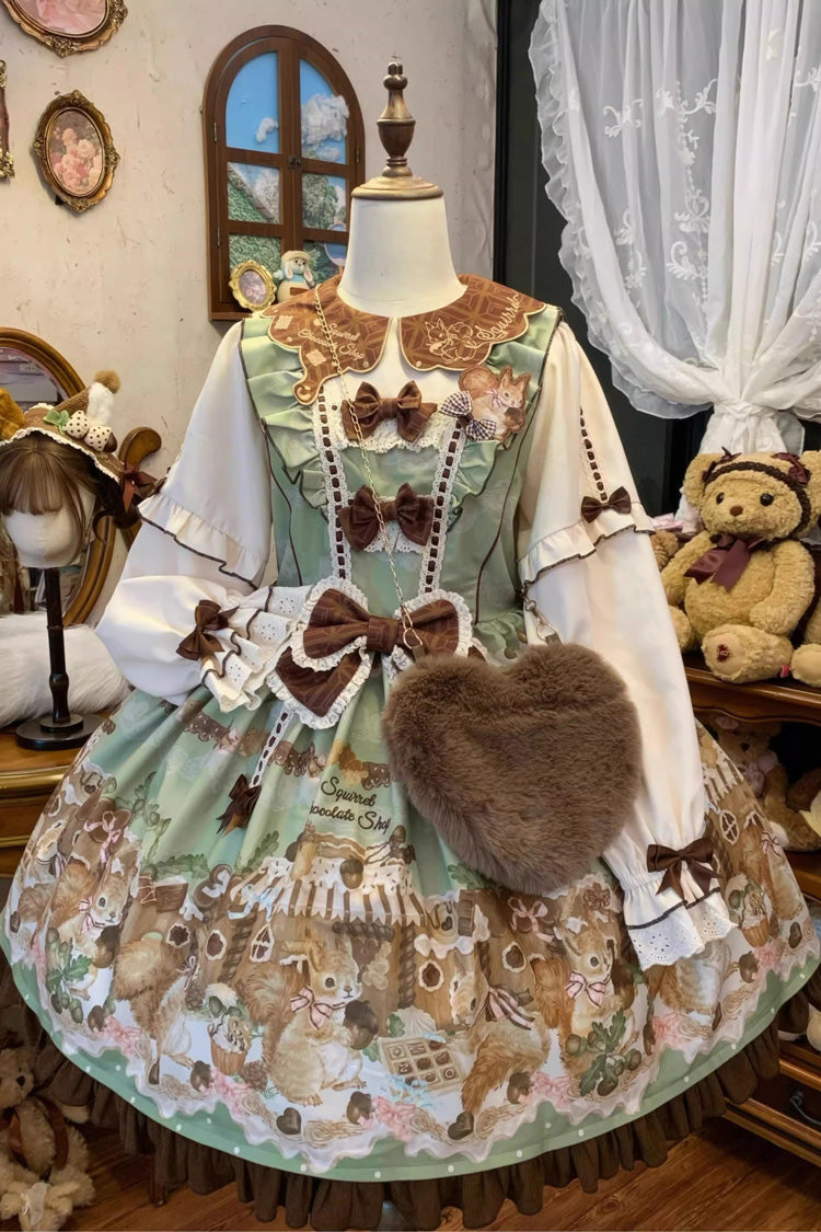 Lolita Dress - Squirrel Chocolate Shop, Green, Printed, Long Sleeves, Sweet Style - additional product view 3