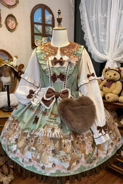 Lolita Dress - Squirrel Chocolate Shop, Green, Printed, Long Sleeves, Sweet Style - additional product view 3