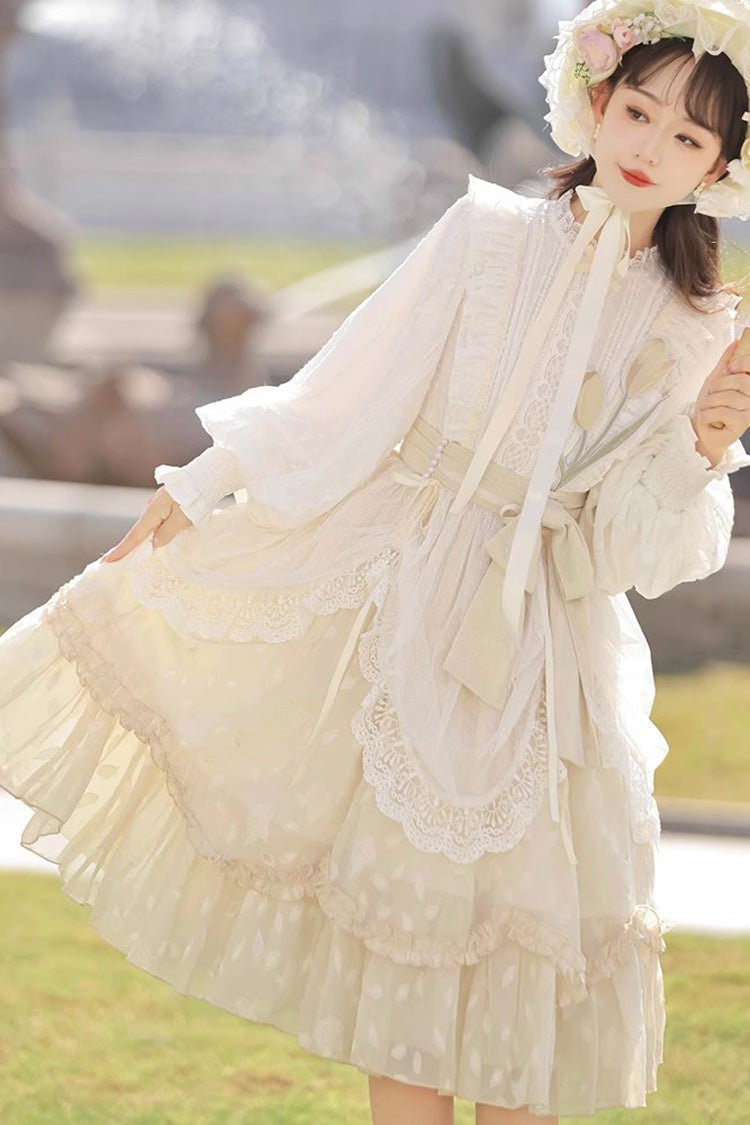 Lolita Dress - Stand Collar Print Ruffle, Ivory, Stand Collar, Long Sleeves, Sweet Style - additional product view 2