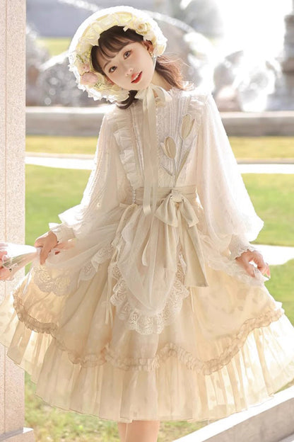 Lolita Dress - Stand Collar Print Ruffle, Ivory, Stand Collar, Long Sleeves, Sweet Style - additional product view 3