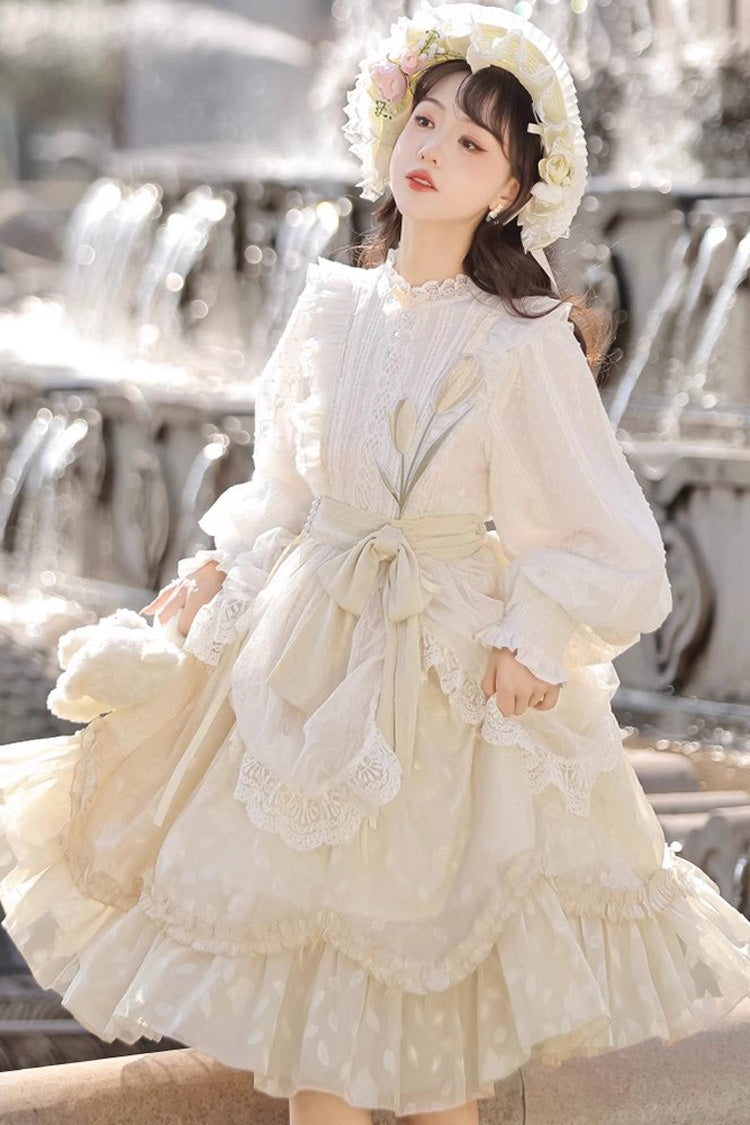 Lolita Dress - Stand Collar Print Ruffle, Ivory, Stand Collar, Long Sleeves, Sweet Style - additional product view 4