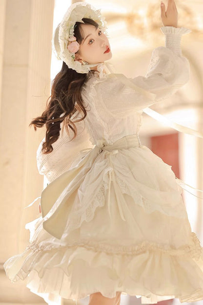 Lolita Dress - Stand Collar Print Ruffle, Ivory, Stand Collar, Long Sleeves, Sweet Style - additional product view 5