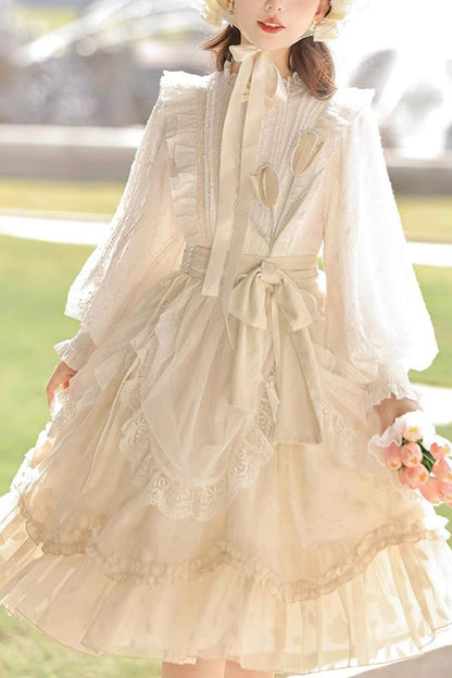 Lolita Dress - Stand Collar Print Ruffle, Ivory, Stand Collar, Long Sleeves, Sweet Style - main product image
