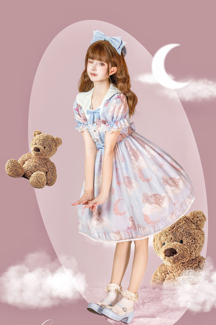Lolita Dress - Star Wishing Bear Print, 2 Colors, Bow Detail, Printed, Sweet Style - additional product view 5