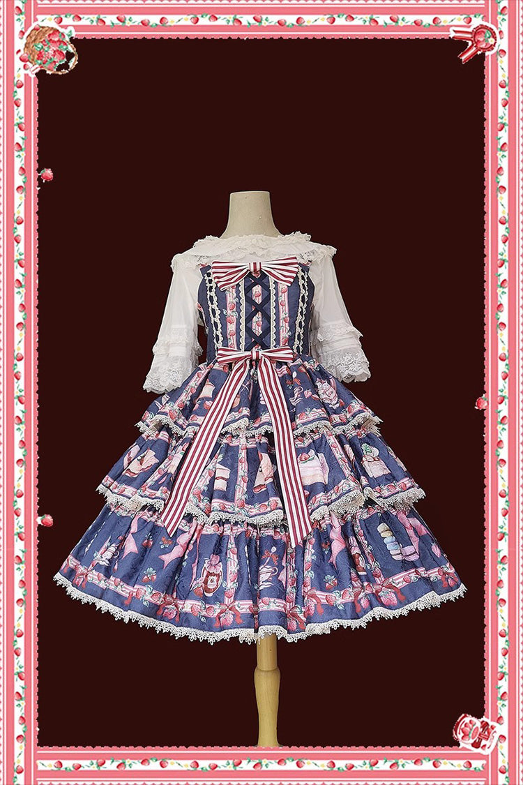 Lolita Dress - Strawberry Afternoon Tea Cake, 3 Colors, Printed, Layered, Sweet Style - S Dark Blue / M Dark Blue / L Dark Blue option