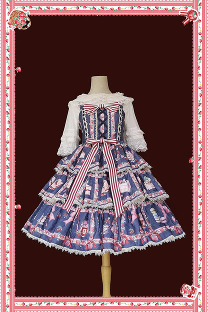 Lolita Dress - Strawberry Afternoon Tea Cake, 3 Colors, Printed, Layered, Sweet Style - S Dark Blue / M Dark Blue / L Dark Blue option