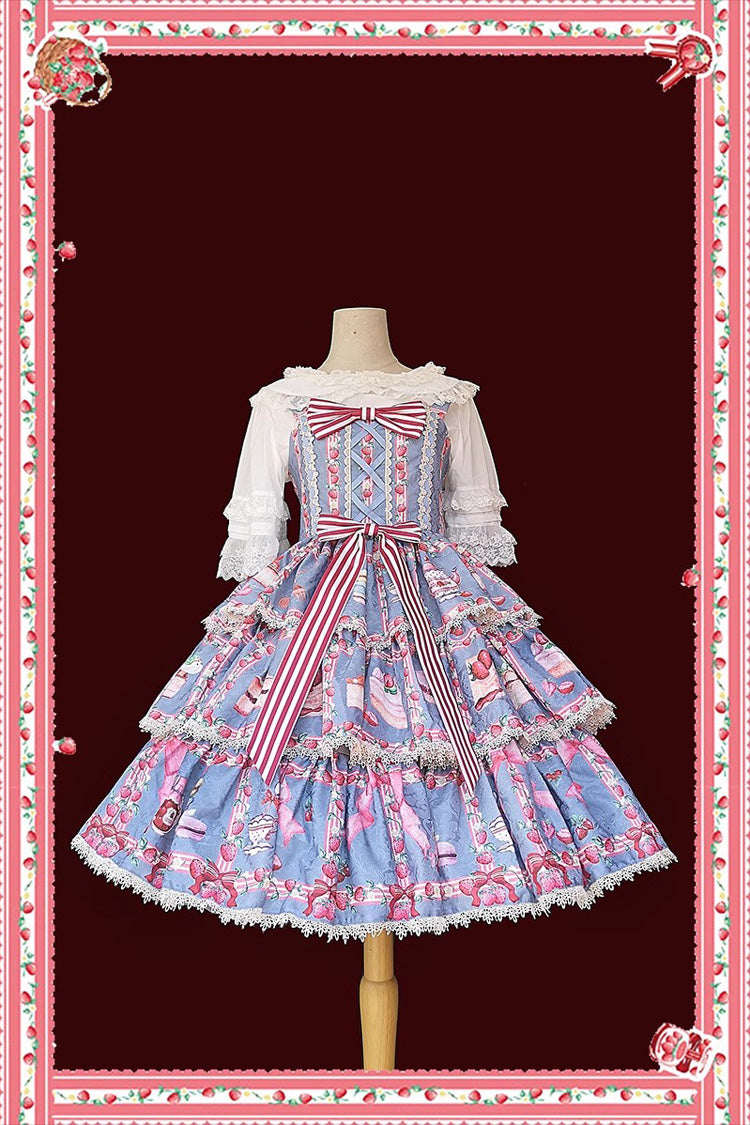 Lolita Dress - Strawberry Afternoon Tea Cake, 3 Colors, Printed, Layered, Sweet Style - S Light Blue / M Light Blue / L Light Blue option
