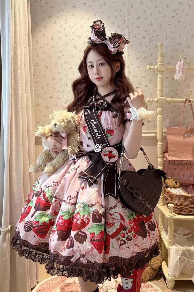 Lolita Dress - Strawberry Chocolate Lover, Pink, Square Collar, Lace Trim, Ruffled - additional product view 2