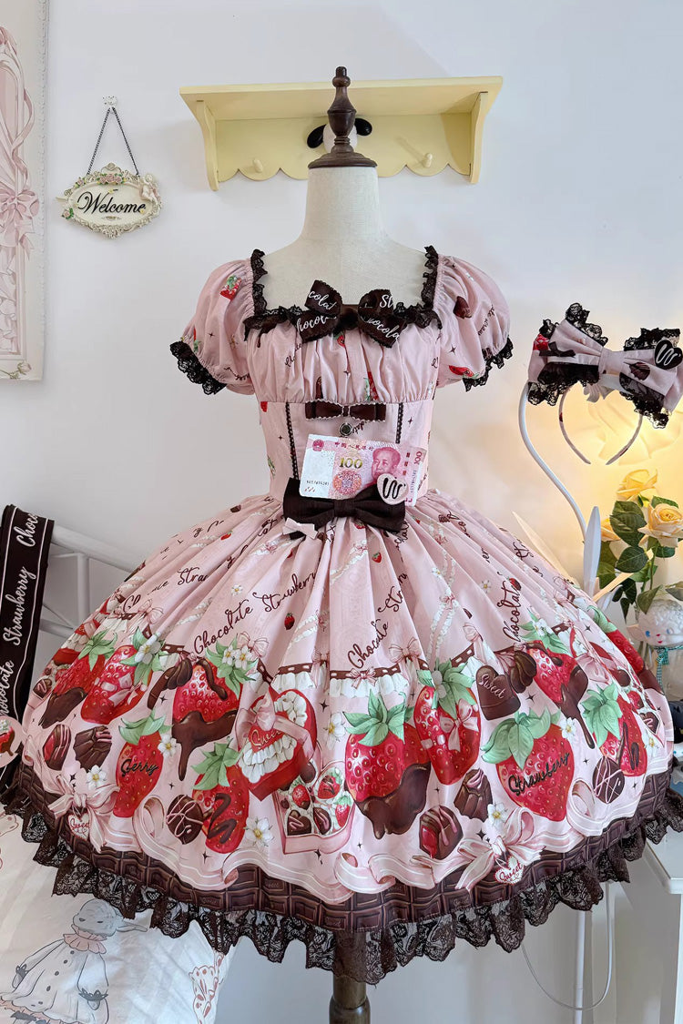 Lolita Dress - Strawberry Chocolate Lover, Pink, Square Collar, Lace Trim, Ruffled - additional product view 3
