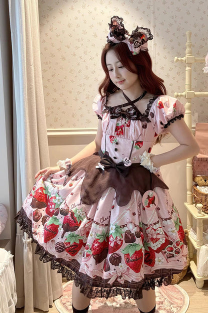 Lolita Dress - Strawberry Chocolate Lover, Pink, Square Collar, Lace Trim, Ruffled - additional product view 4