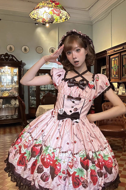 Lolita Dress - Strawberry Chocolate Lover, Pink, Square Collar, Lace Trim, Ruffled - additional product view 5