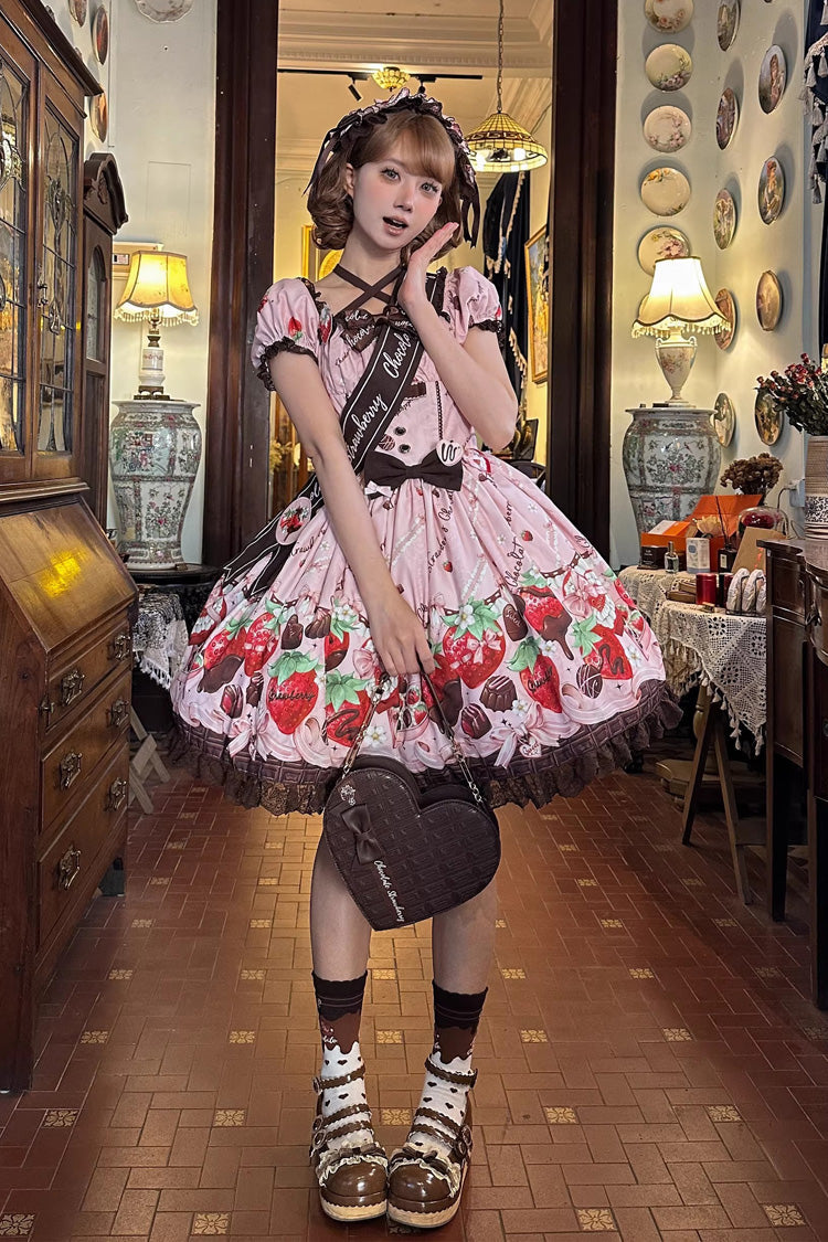 Lolita Dress - Strawberry Chocolate Lover, Pink, Square Collar, Lace Trim, Ruffled - additional product view 6