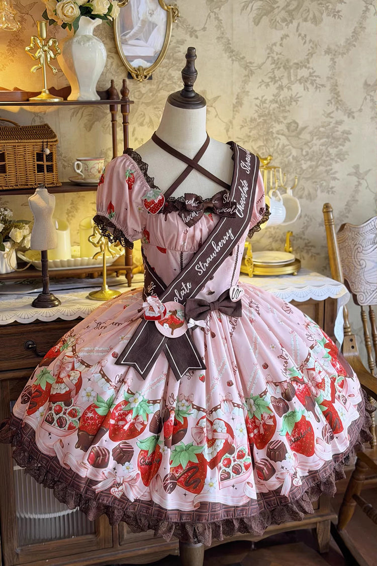 Lolita Dress - Strawberry Chocolate Lover, Pink, Square Collar, Lace Trim, Ruffled - additional product view 7