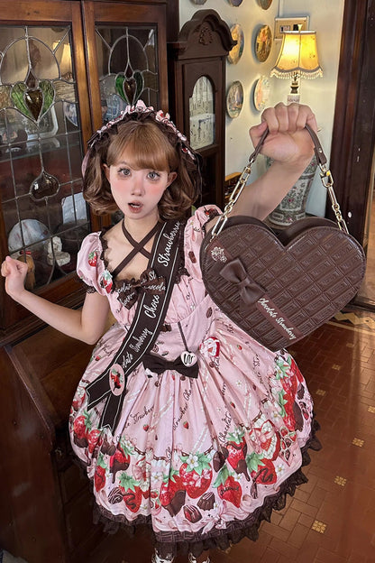 Lolita Dress - Strawberry Chocolate Lover, Pink, Square Collar, Lace Trim, Ruffled - additional product view 8
