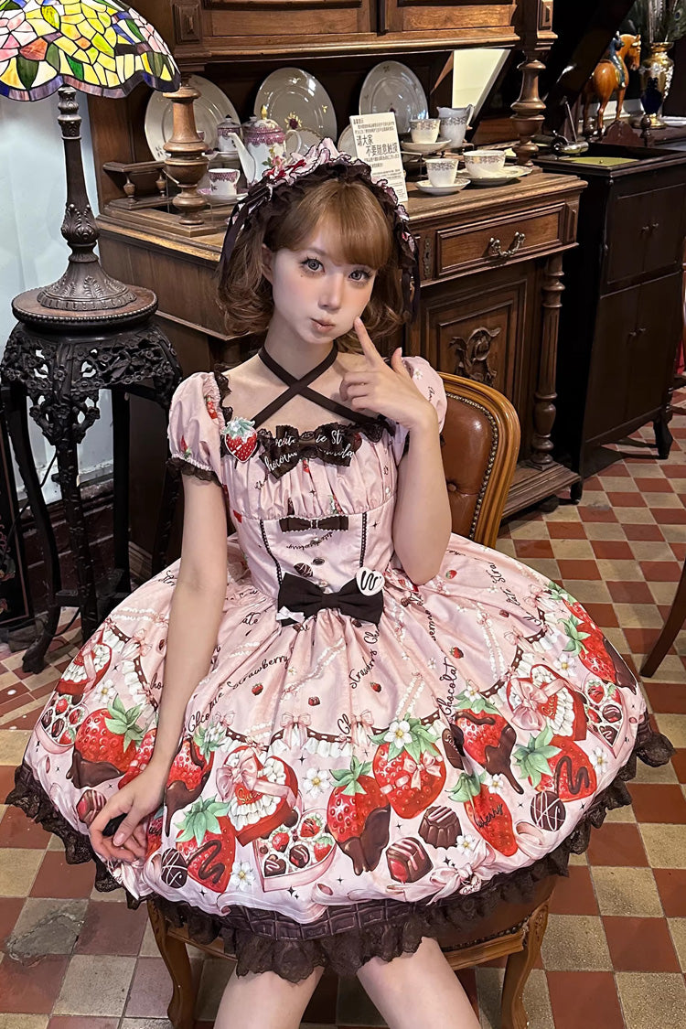 Lolita Dress - Strawberry Chocolate Lover, Pink, Square Collar, Lace Trim, Ruffled - additional product view 9