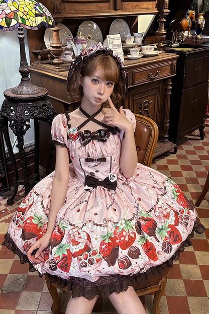 Lolita Dress - Strawberry Chocolate Lover, Pink, Square Collar, Lace Trim, Ruffled - additional product view 9
