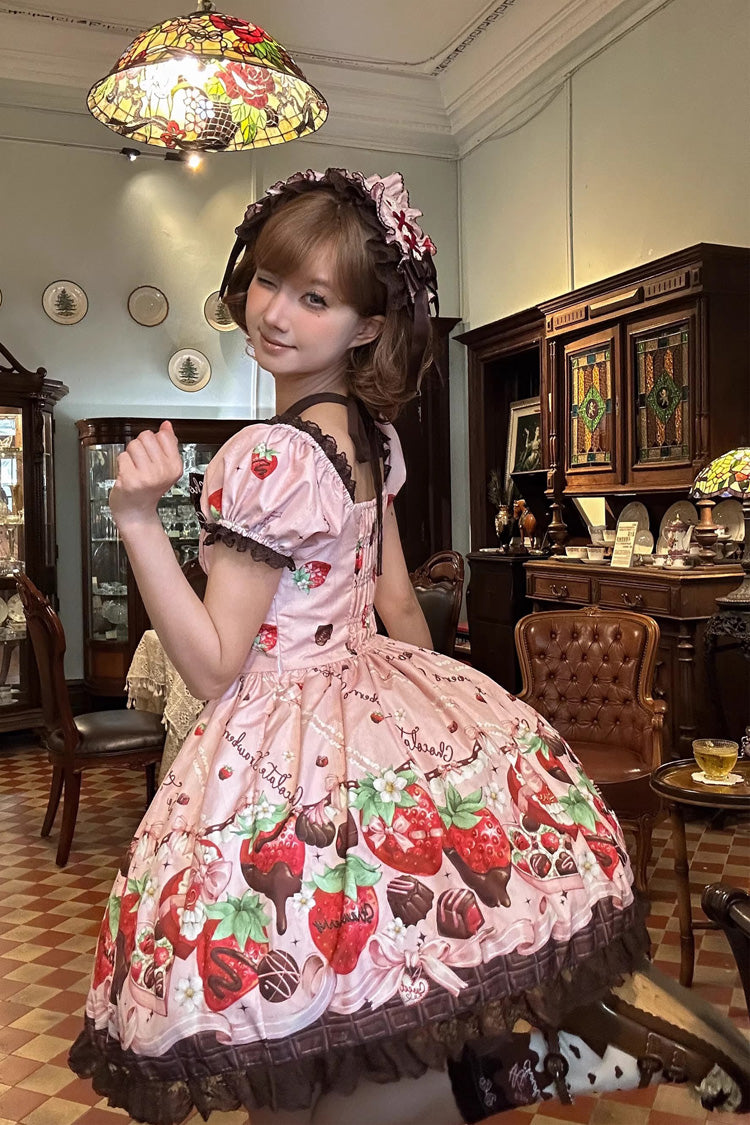 Lolita Dress - Strawberry Chocolate Lover, Pink, Square Collar, Lace Trim, Ruffled - additional product view 10