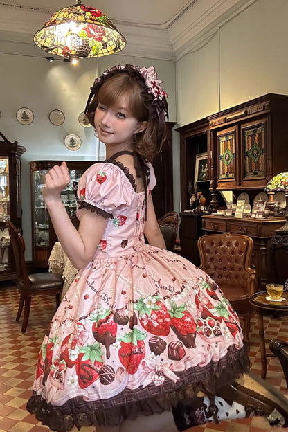 Lolita Dress - Strawberry Chocolate Lover, Pink, Square Collar, Lace Trim, Ruffled - additional product view 10