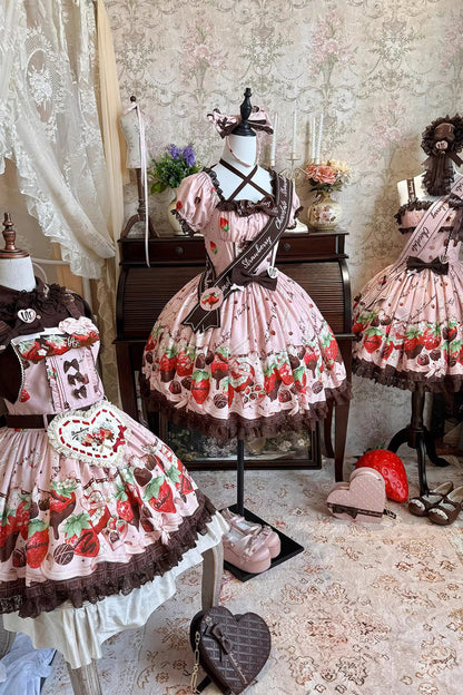 Lolita Dress - Strawberry Chocolate Lover, Pink, Square Collar, Lace Trim, Ruffled - additional product view 12