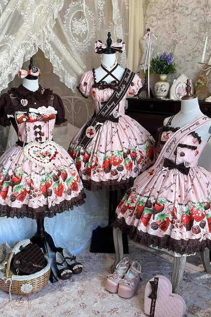 Lolita Dress - Strawberry Chocolate Lover, Pink, Square Collar, Lace Trim, Ruffled - additional product view 14