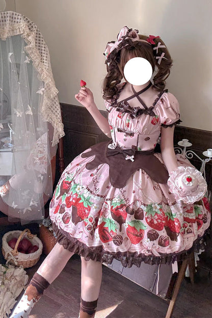 Lolita Dress - Strawberry Chocolate Lover, Pink, Square Collar, Lace Trim, Ruffled - additional product view 16