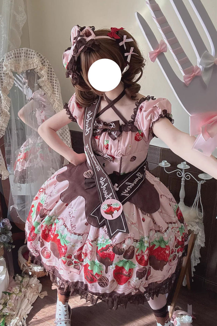 Lolita Dress - Strawberry Chocolate Lover, Pink, Square Collar, Lace Trim, Ruffled - additional product view 17