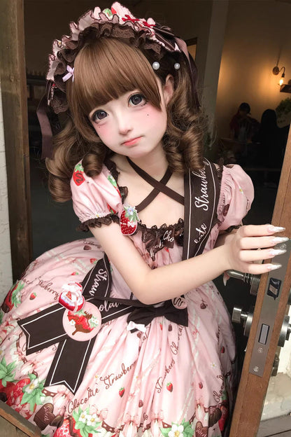 Lolita Dress - Strawberry Chocolate Lover, Pink, Square Collar, Lace Trim, Ruffled - additional product view 18