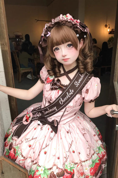 Lolita Dress - Strawberry Chocolate Lover, Pink, Square Collar, Lace Trim, Ruffled - additional product view 19