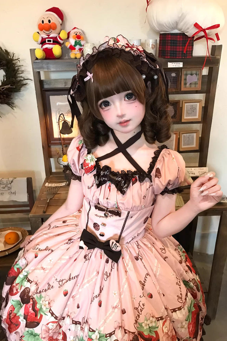 Lolita Dress - Strawberry Chocolate Lover, Pink, Square Collar, Lace Trim, Ruffled - additional product view 20