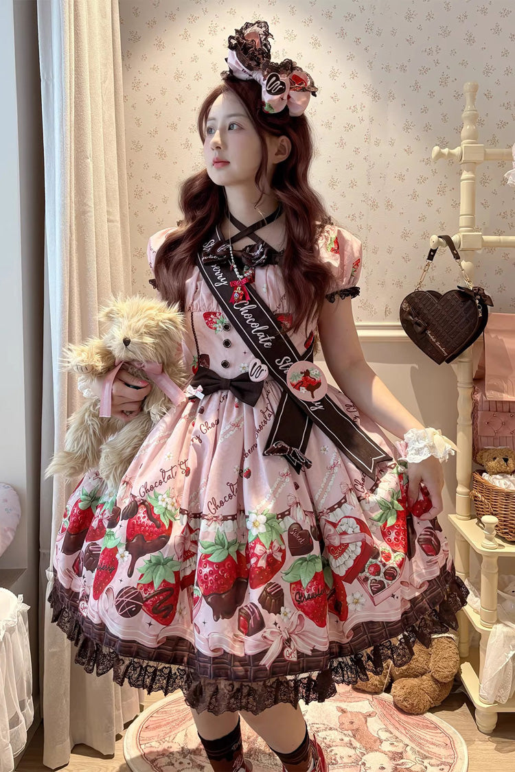 Lolita Dress - Strawberry Chocolate Lover, Pink, Square Collar, Lace Trim, Ruffled - main product image