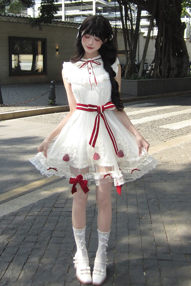 Lolita Dress - Strawberry Mousse Cake, Ivory, Stand Collar, Lace Trim, Ruffled - additional product view 2