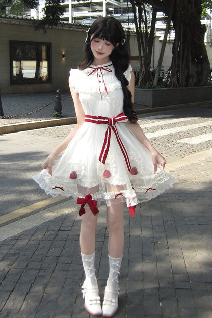 Lolita Dress - Strawberry Mousse Cake, Ivory, Stand Collar, Lace Trim, Ruffled - additional product view 2